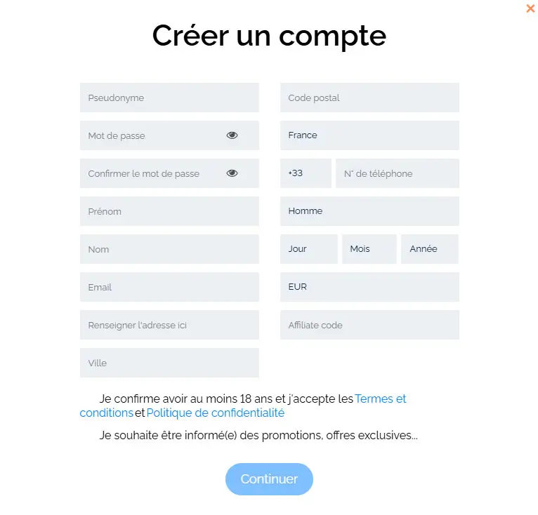Processus d'inscription NYX BETS CASINO